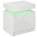 HOMCOM White Bedside Table, High Gloss Front Nightstand w/ LED Light, 2 Drawers
