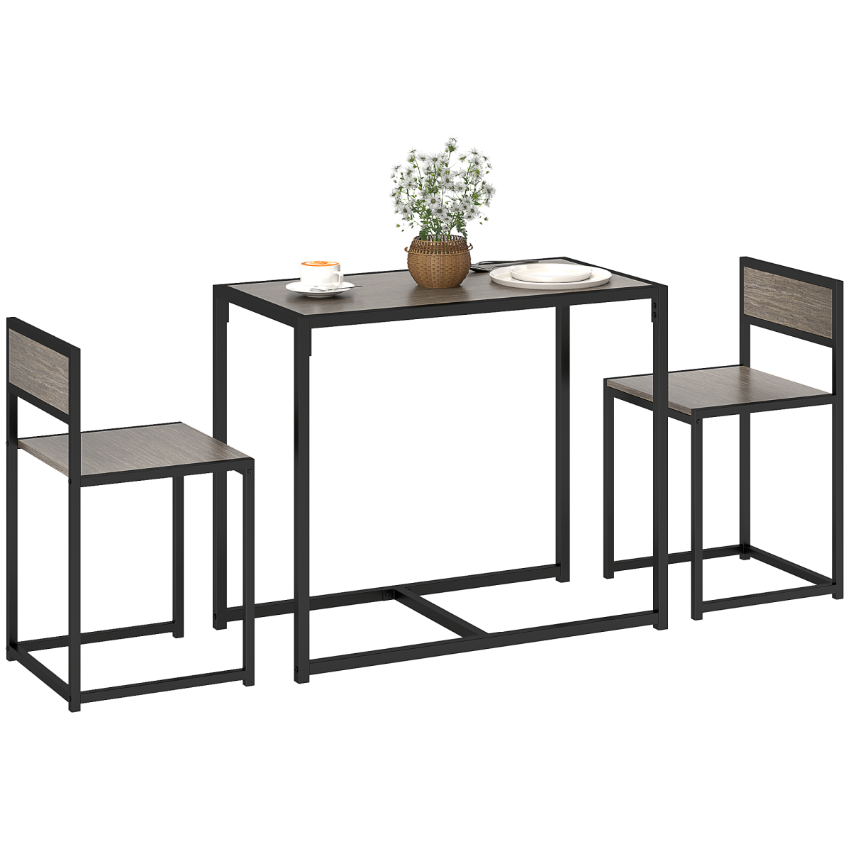 HOMCOM 3 Piece Dining Table Set with Metal Frame Grey Wood-Effect