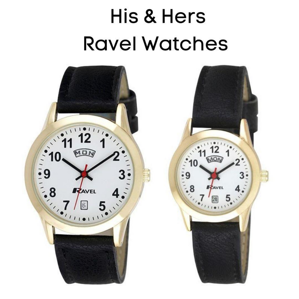 Ravel Men's Gilt Day/Date Faux Leather Strap Watch + Ravel Womens Gilt Day/Date