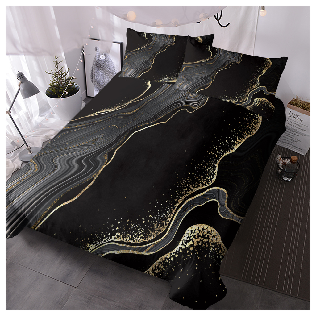 Black Gold Grey Marble Bedding Watercolor Marble Duvet Cover Set Abstract Chic Printed Design Quilt Cover Single 1 Duvet Cover 2 Pillowcase