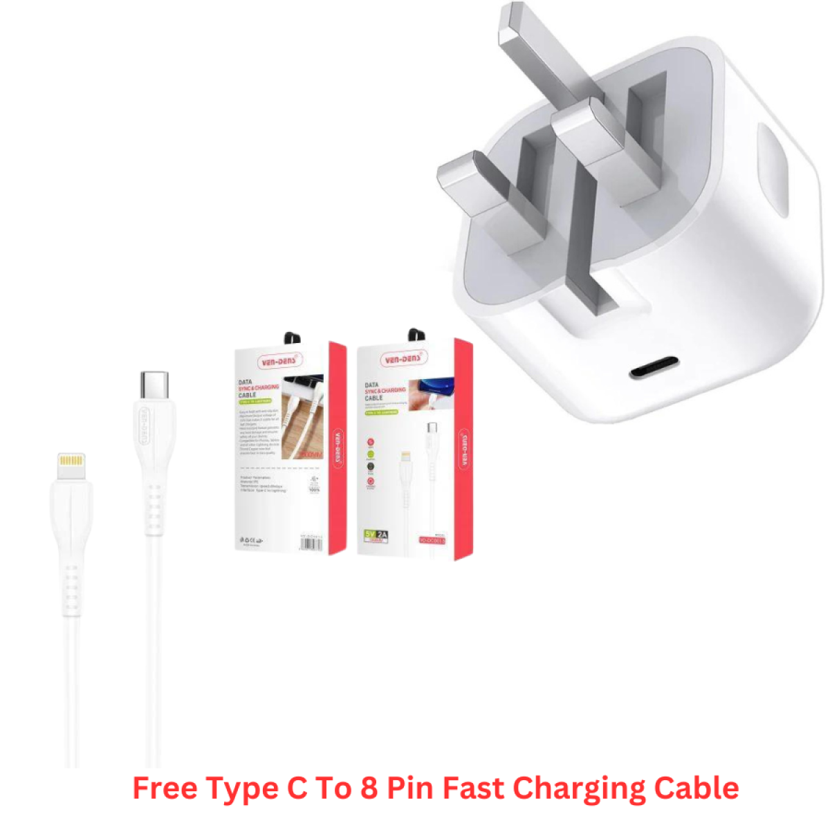 Ven-Dens 20w Fast Charger With Fast Charging Type C to 8 Pin Cable Free