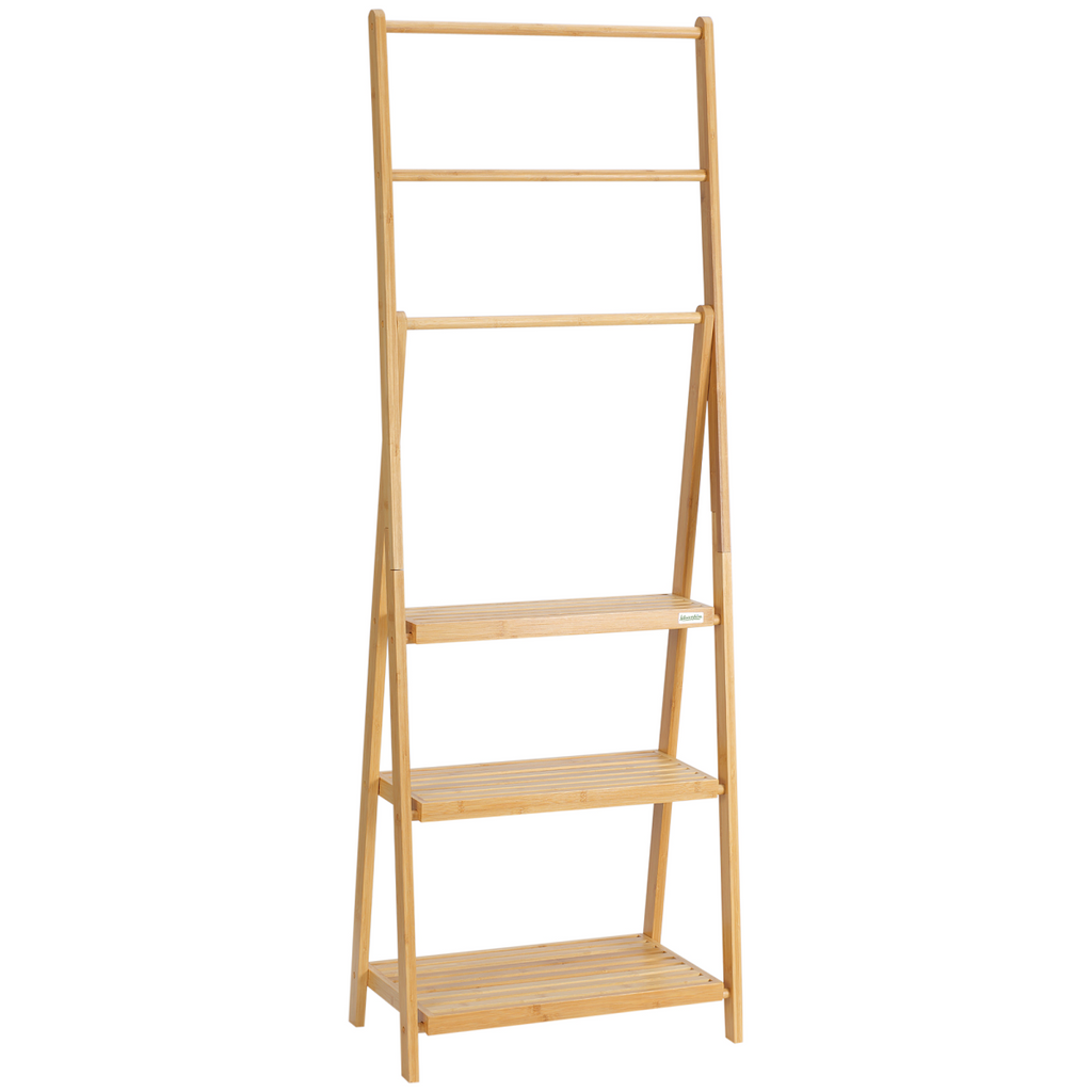 Freestanding Foldable Bamboo Towel Rack with 3 Bars and Shelves for Bathroom