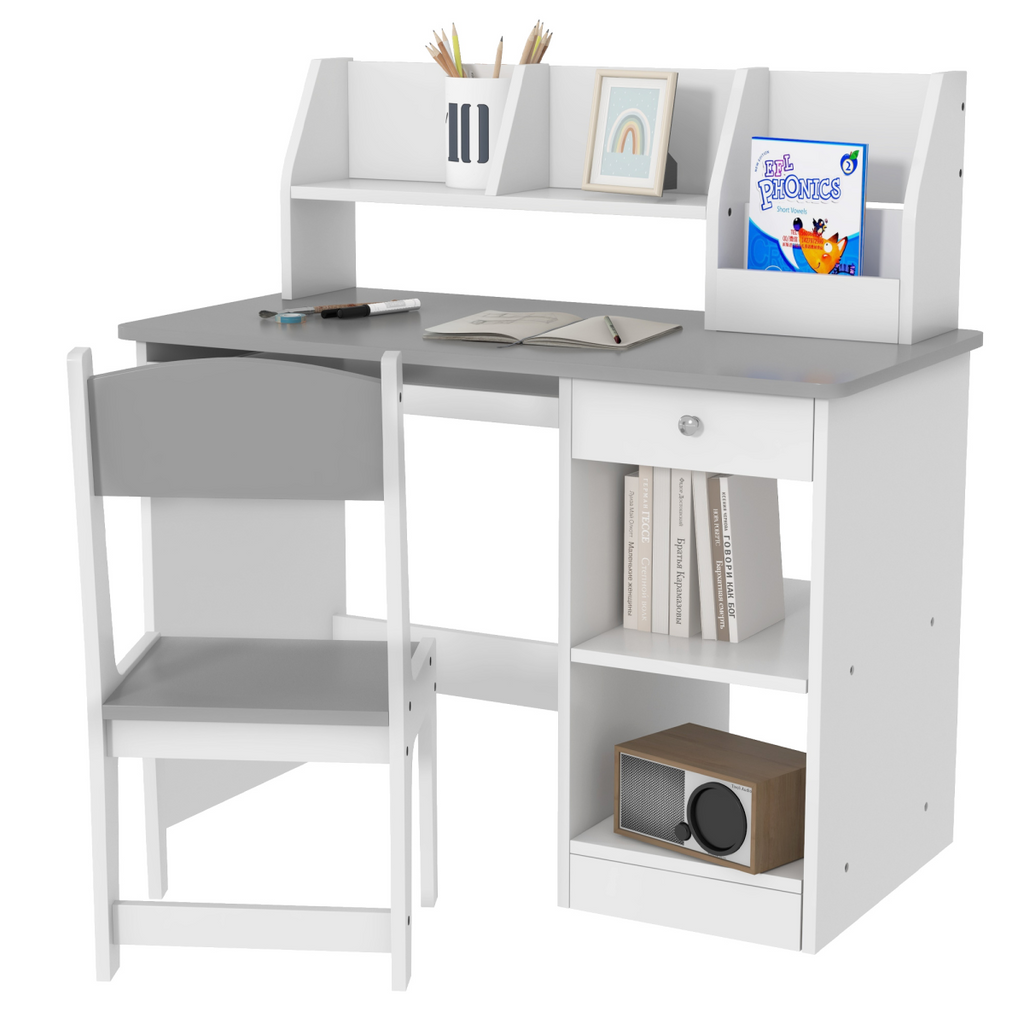 ZONEKIZ Kids Desk and Chair Set with Storage for 5-8 Years, Grey