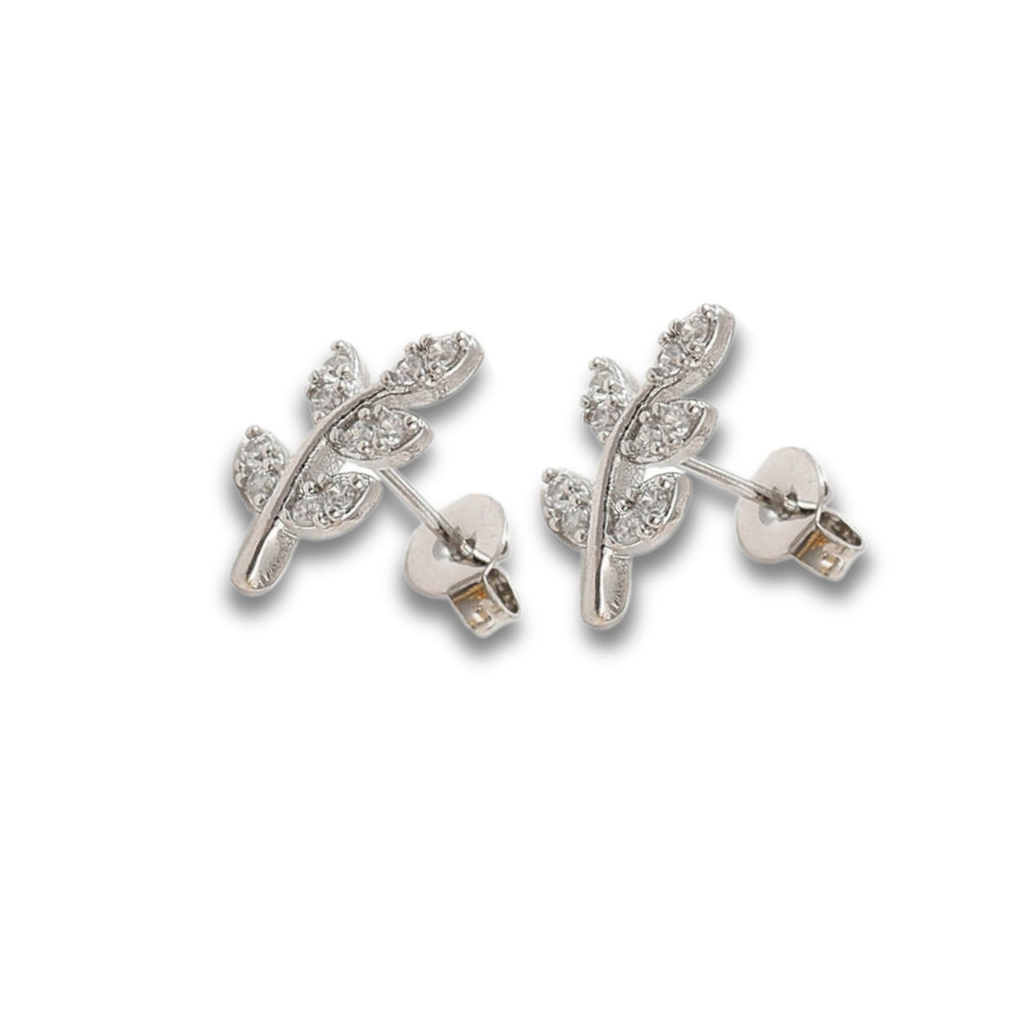 Cubic Zirconia Silver Leaf Stud Earrings