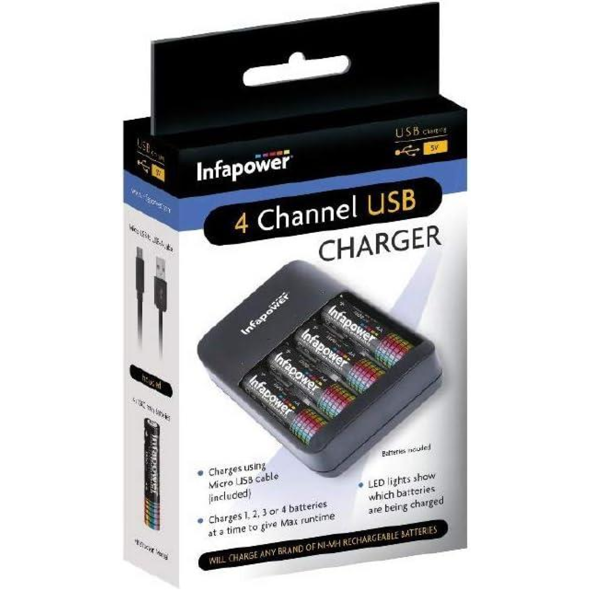 Infapower 4 Channel USB Home Battery Charger + 4 x AA 1300mAh Batteries