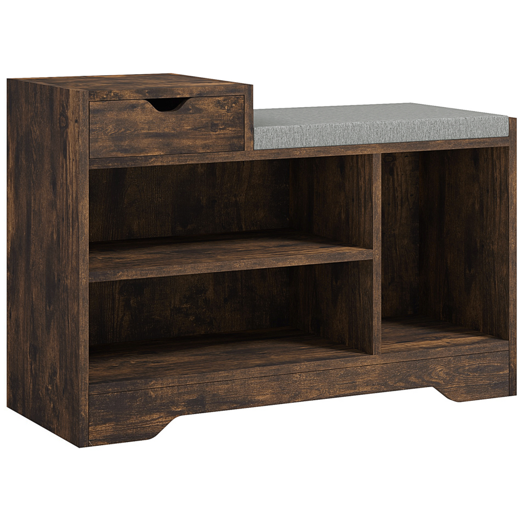 HOMCOM Upholstered Entryway Shoe Bench with Storage Drawer Open Shelf Brown