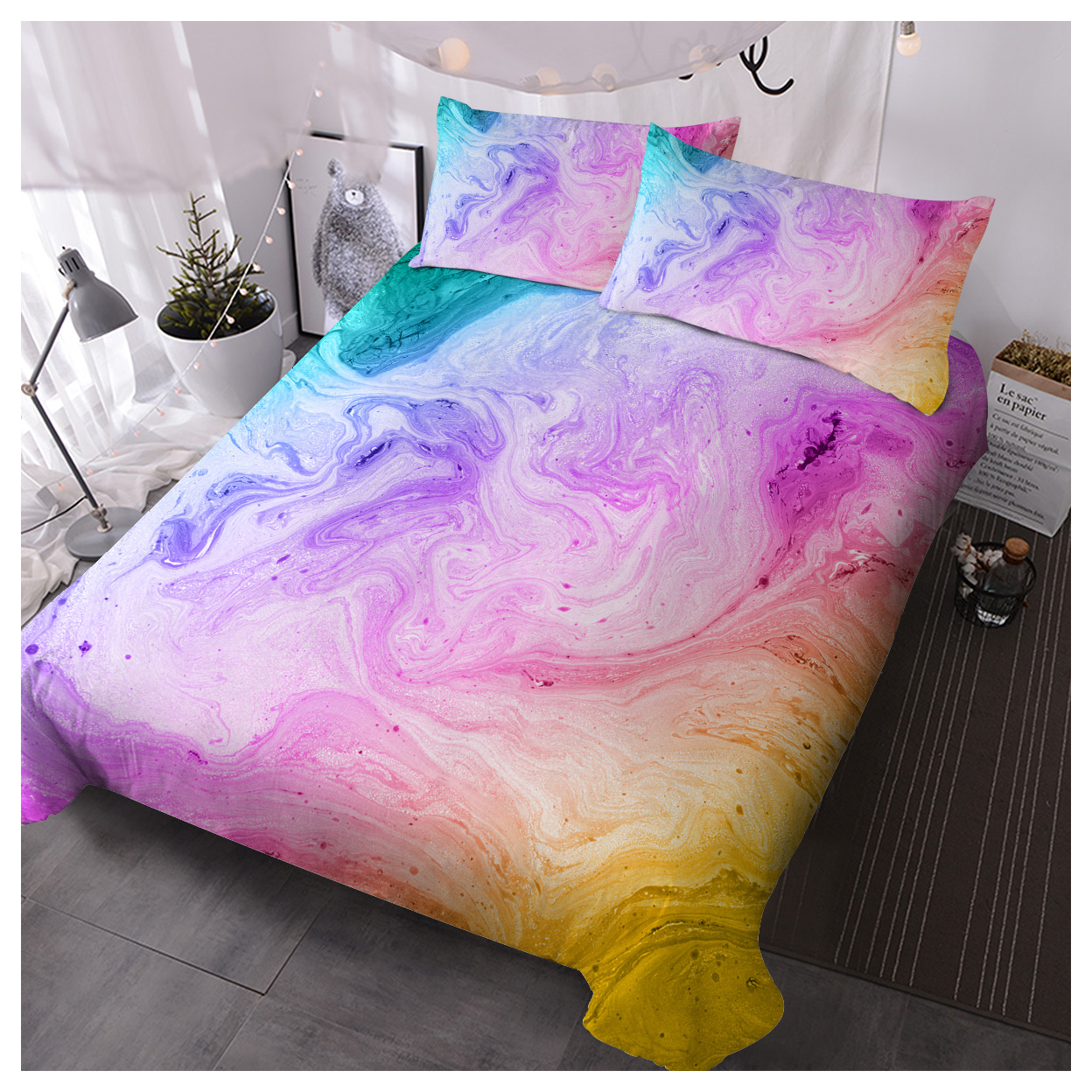 Girly Duvet Cover Rainbow Glitter Ombre Bedding Sets 3 Pcs Chic Unicorn Pink