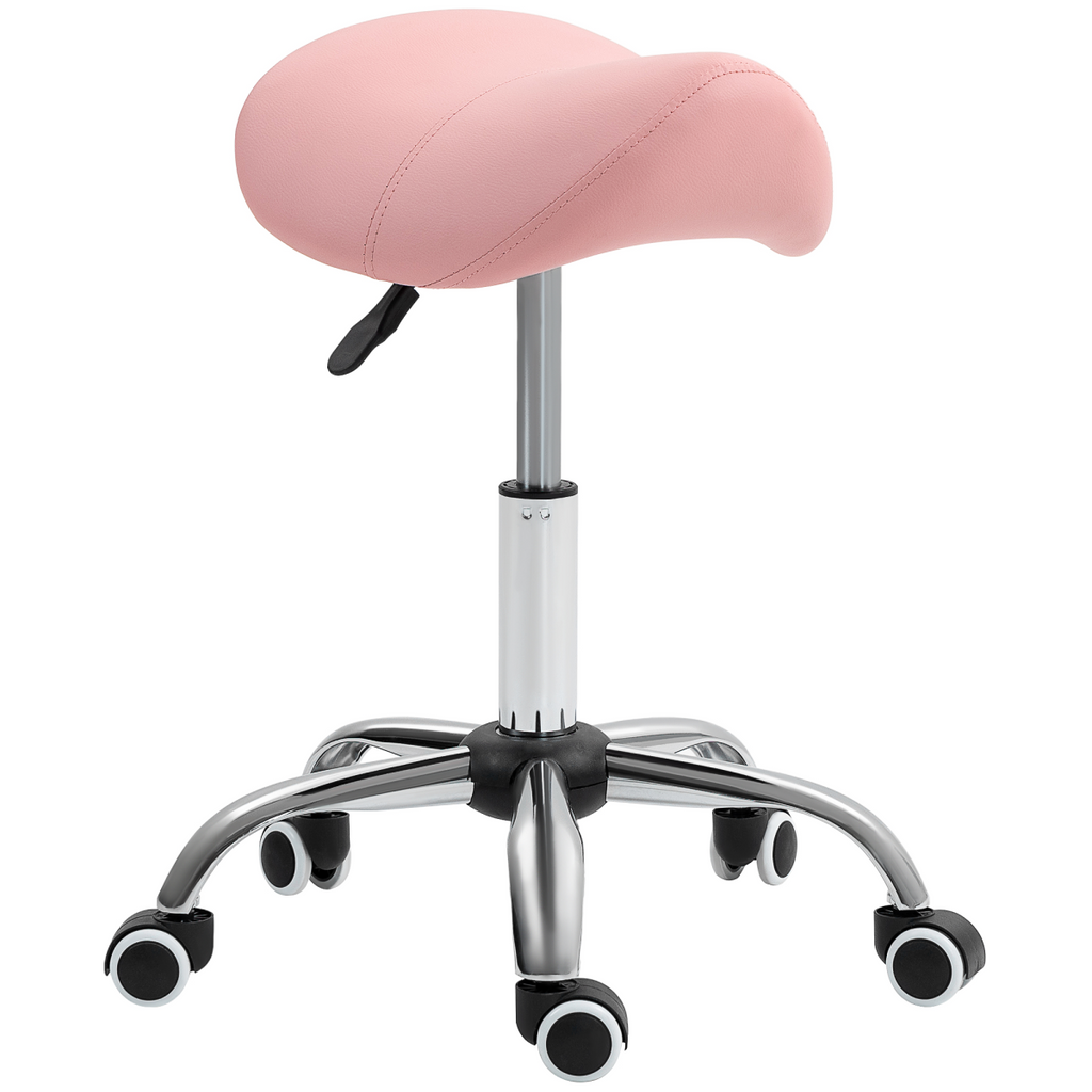 HOMCOM PU Leather Saddle Stool with Moulded Padded Seat Adjustable Height Pink