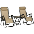 3PC Zero Gravity Chairs Sun Lounger Table Set w/ Cup Holders, Beige Outsunny